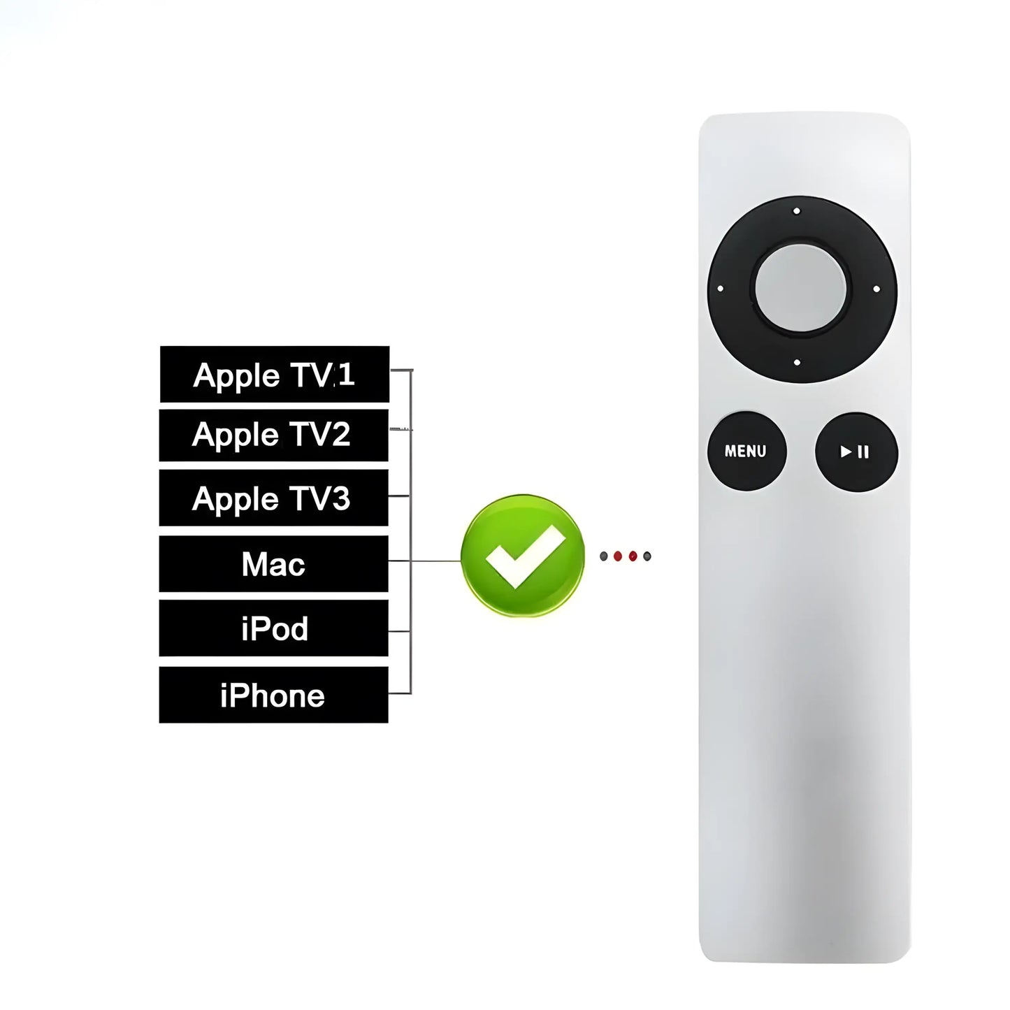 Apple TV Ersatzfernbedienung aus Aluminium mit Kompatibilitätsübersicht – geeignet für Apple TV1, TV2, TV3 sowie Mac, iPod und iPhone