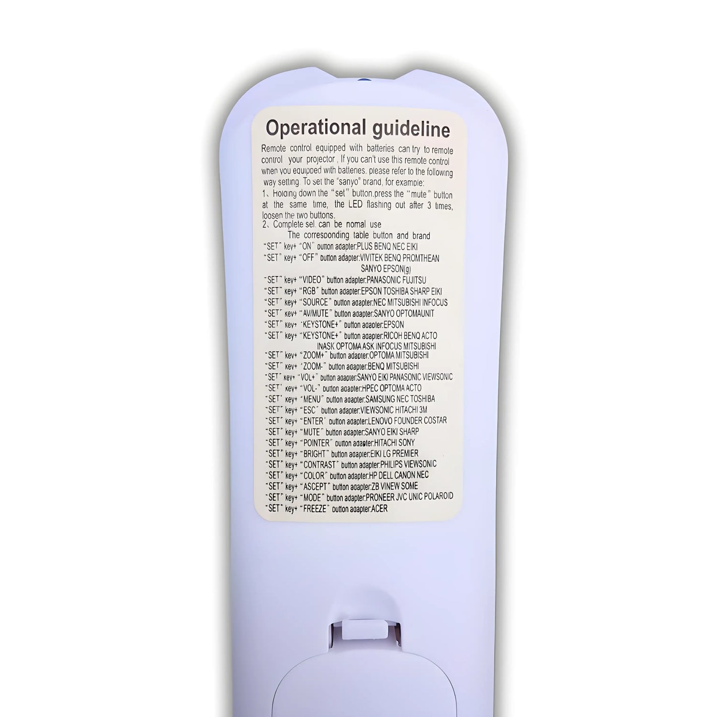 Rückseite der Universal Beamer Ersatzfernbedienung mit Bedienungsanleitung, kompatibel mit Samsung, Epson, Sony, BenQ, NEC, Panasonic und weiteren Projektoren