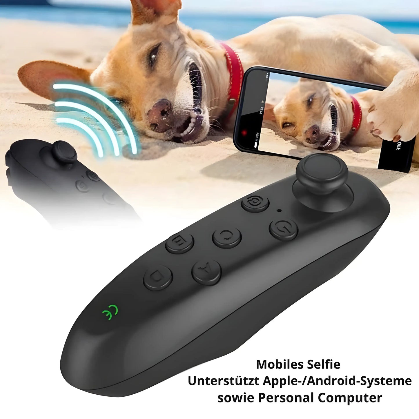 Kabelloser Bluetooth Controller mit Joystick – ideal für Selfies, Spiele und Multimedia auf Android, iOS und PC, mit Smartphone-Kamera verbunden am Strand