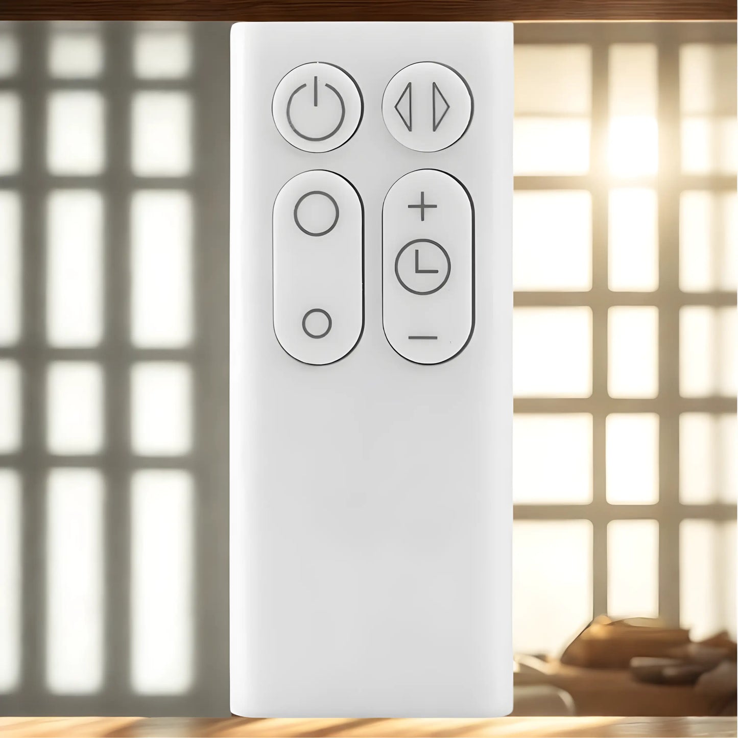 Dyson Ersatzfernbedienung AM06 AM07 AM08 AM11 in elegantem Weiß – kompatibel mit Cool und Pure Cool Ventilatoren, stilvoll präsentiert vor Fensterhintergrund