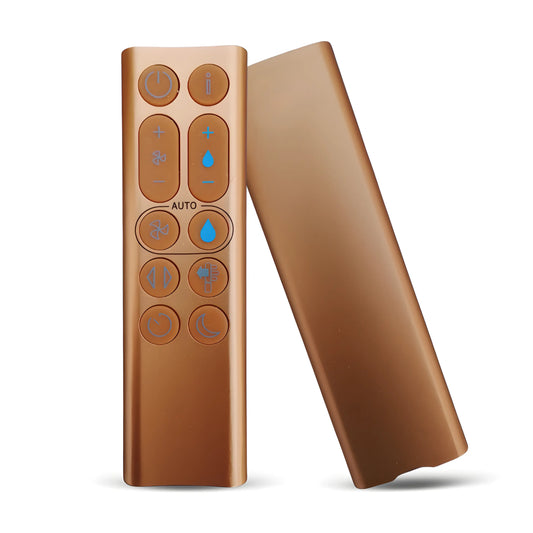 Vorder- und Rückseite der goldfarbenen Ersatzfernbedienung für Dyson Luftreiniger der Serien HP04 bis HP09. Das Bild zeigt die übersichtlichen Steuerungstasten für den Auto-Modus und die Temperaturregelung sowie das elegante, matte Gehäusedesign.