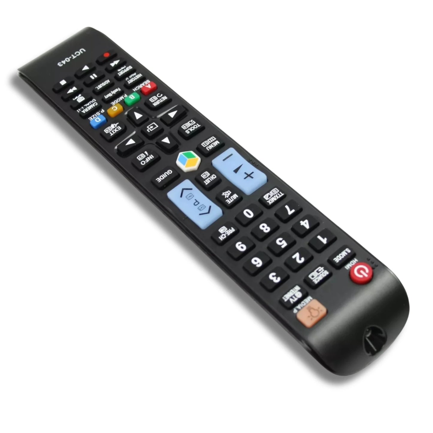Detailaufnahme der Ersatzfernbedienung für Samsung AA59-00638A, die Media- und Smart Hub-Tasten hervorhebend.