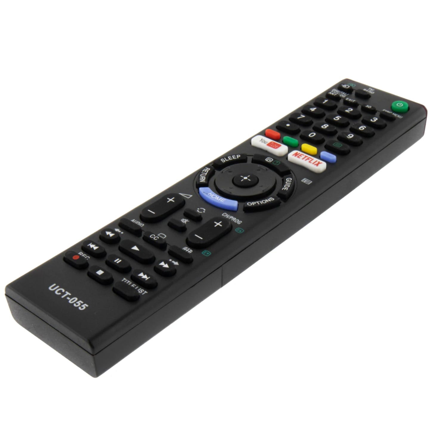 Schräge Ansicht der Sony Ersatzfernbedienung UCT-055, ideal für den schnellen Zugriff auf Streaming-Dienste.
