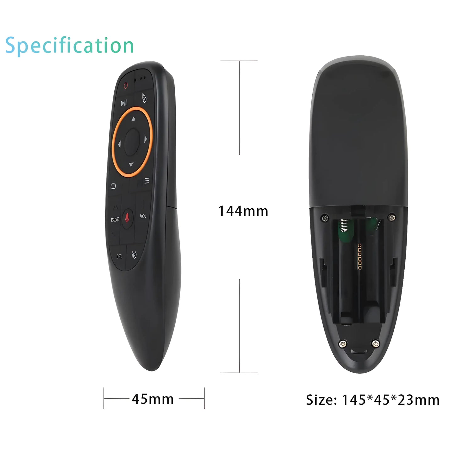 G10S Air Mouse Wireless Fernbedienung mit Größenangaben – 145×45×23 mm, Batteriefach offen, ergonomisches Design für Android TV Box und Smart TV