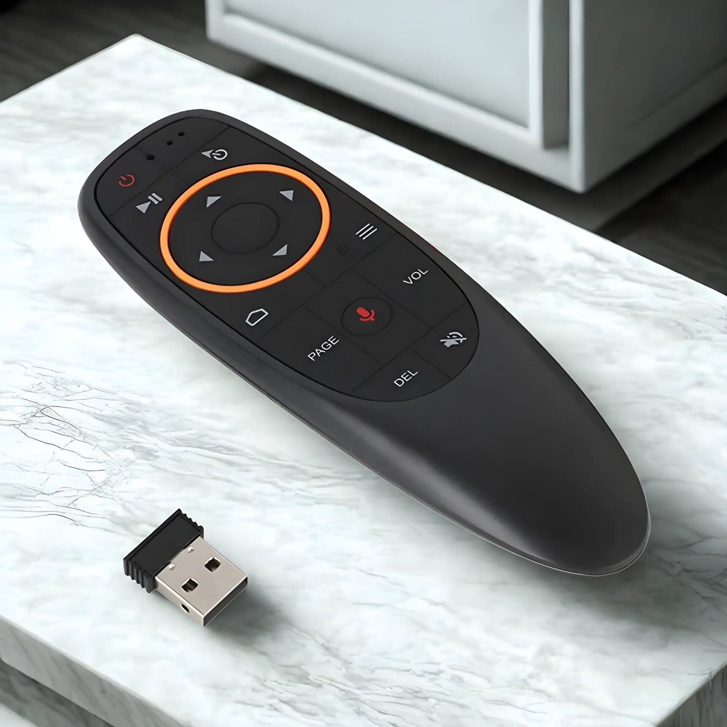 G10S Air Mouse Wireless Fernbedienung mit USB-Empfänger – liegt auf einem Marmortisch, kompatibel mit Android TV Box und Smart TV