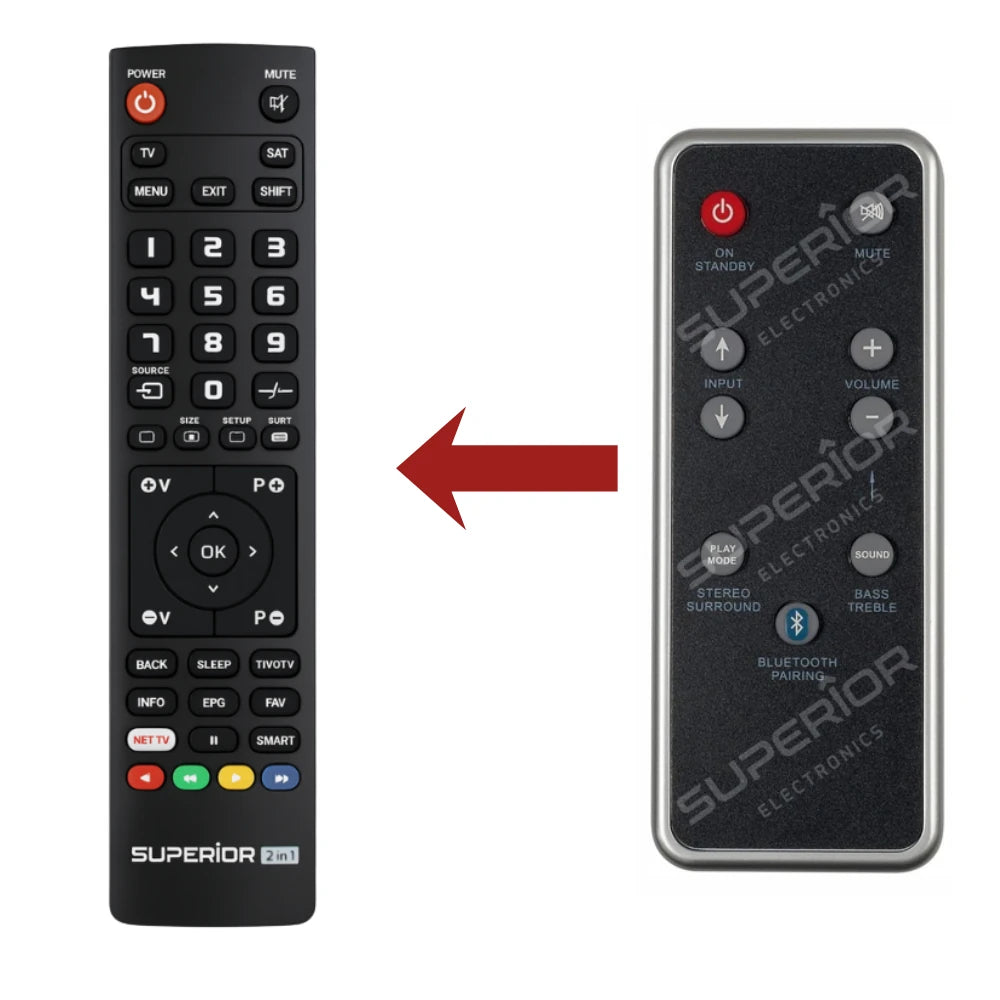 Direkter Vergleich der kompatiblen Ersatzfernbedienung (links) und der Originalsteuerung (rechts) für den CANTON DM50 Soundbar-Controller.