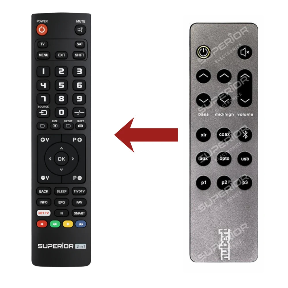 Direkter Vergleich der kompatiblen Ersatzfernbedienung (links) und der Originalsteuerung (rechts) für den Nubert X-3000 Controller.
