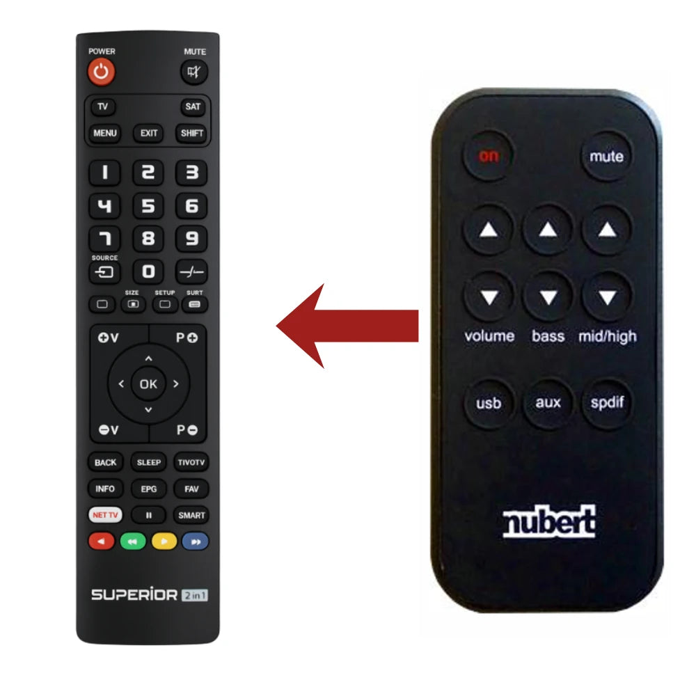 Direkter Vergleich der kompatiblen Ersatzfernbedienung (links) und der Originalsteuerung (rechts) für den Nubert AS-250 Controller.