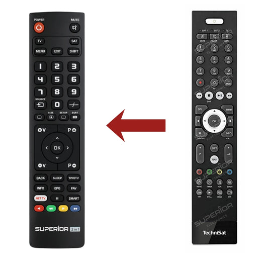 Direkter Vergleich der kompatiblen Ersatzfernbedienung (links) und der Originalsteuerung (rechts) für den TechniSat DIGIPLUS UHD S2 PVR-Controller.
