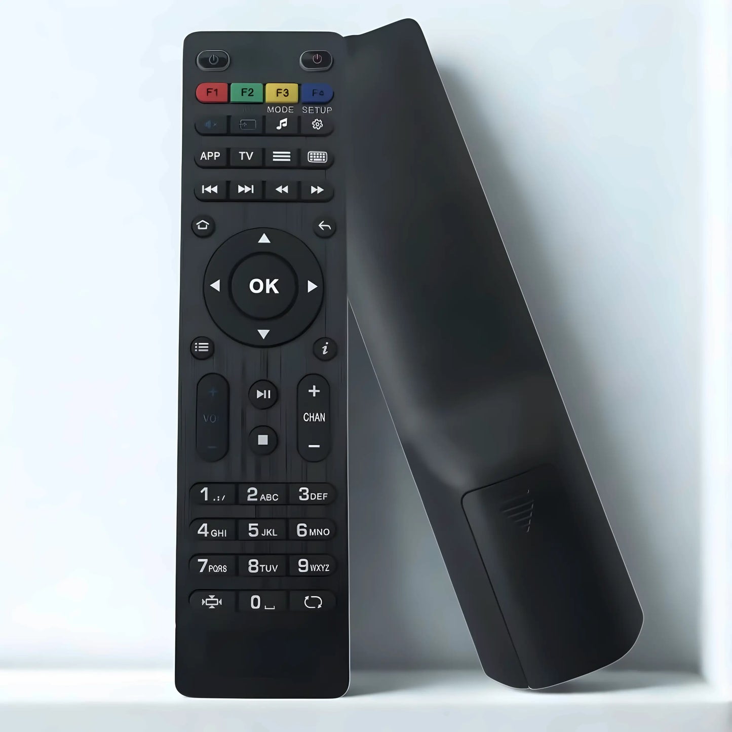 MAG IPTV Fernbedienung Vorder- und Rückansicht – kompatibel mit MAG 250, 254, 256, 322, 410, 420, 520, 544 Set-Top-Boxen