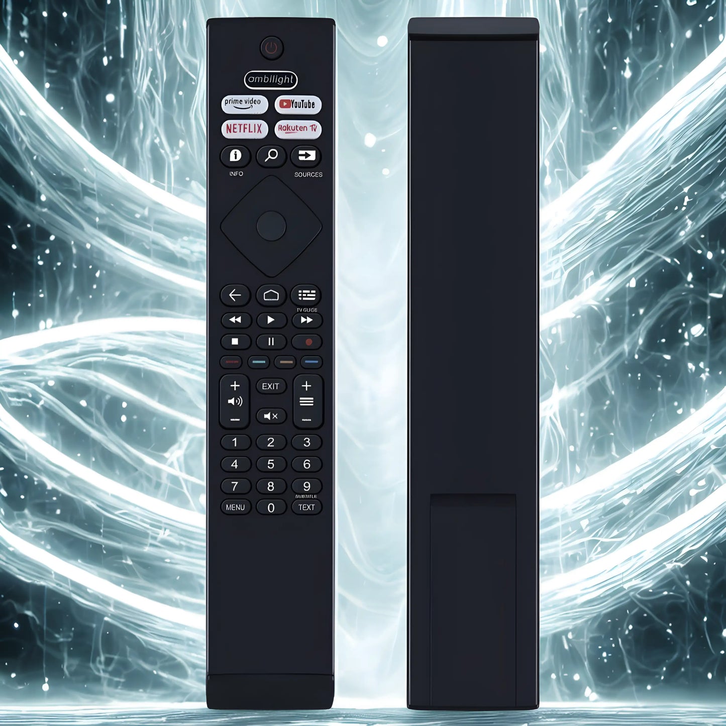 Philips BRC0984501 Ersatz Fernbedienung Vorder- und Rückseite mit futuristischem Lichter-Hintergrund für Ambilight TVs.