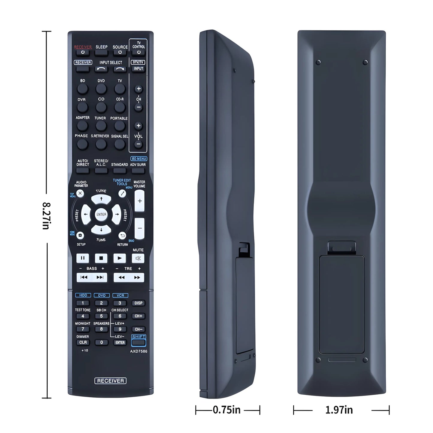 Pioneer AXD7534 Ersatz Fernbedienung mit Angabe der Abmessungen (8.27in x 1.97in x 0.75in). Technische Maße der Fernsteuerung für Pioneer Receiver.