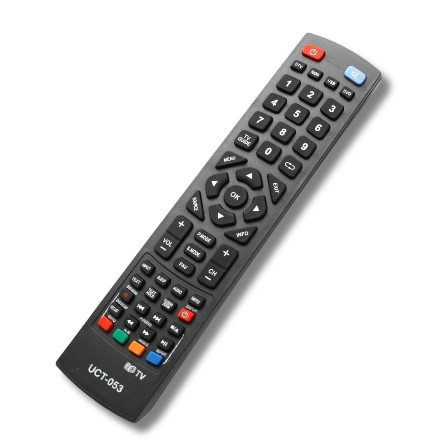 chräge Ansicht der passgenauen Ersatzfernbedienung für Sharp Fernseher, Modell UCT-053.