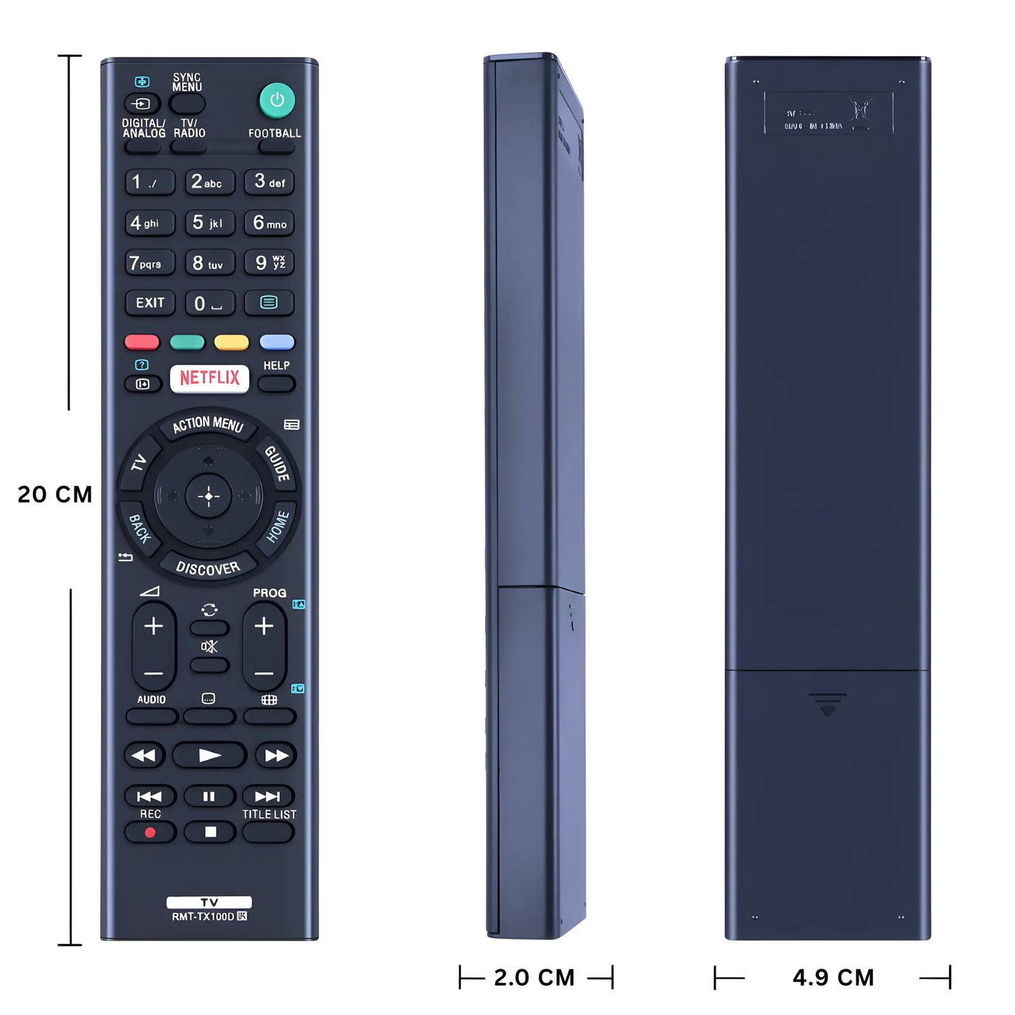 Sony RMT-TX100D Ersatzfernbedienung mit Maßangaben – 20 cm Länge, 4,9 cm Breite und 2,0 cm Tiefe, kompatibel mit Sony Smart und Bravia Fernsehern