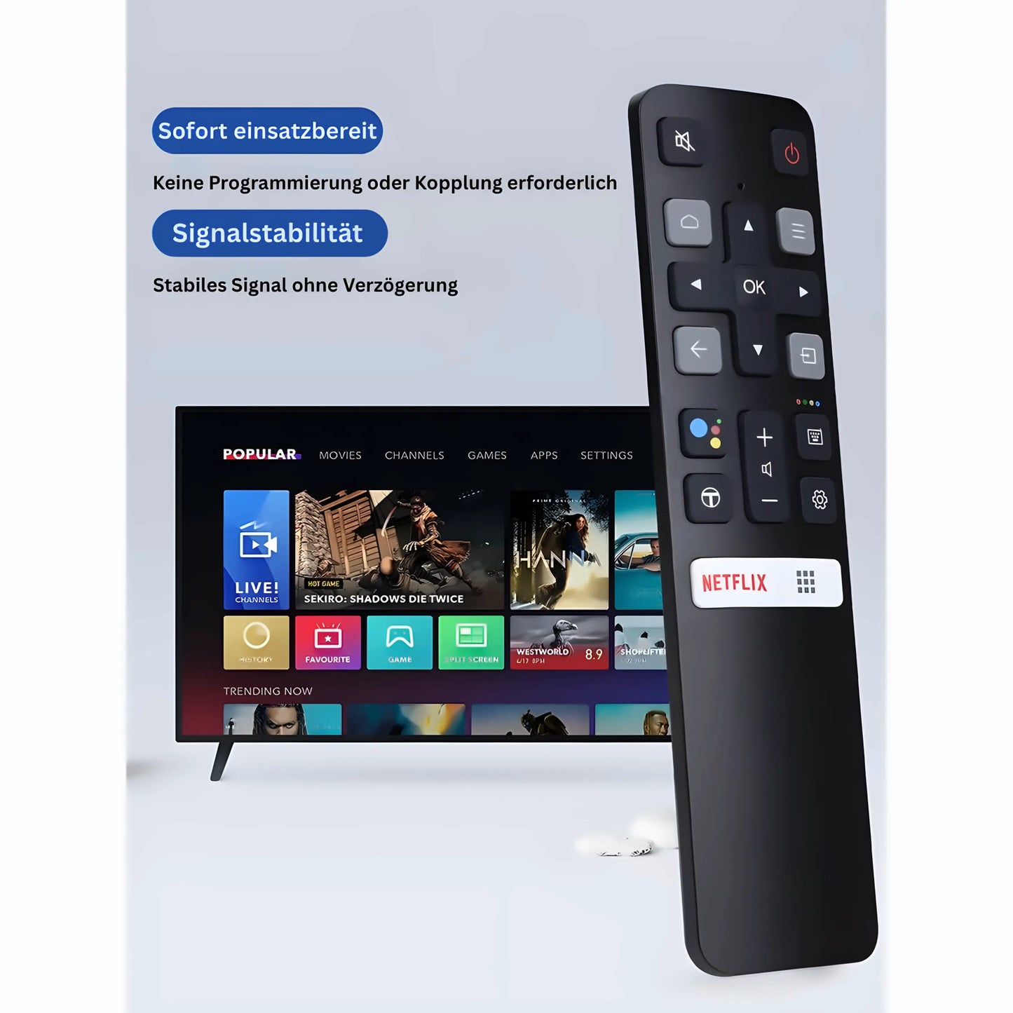 TCL RC802V Bluetooth Fernbedienung mit Sprachsteuerung – kompatibel mit TCL Smart TVs wie 55EP680 und 50EP660, sofort einsatzbereit und signalstabil