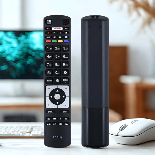 Die Ersatzfernbedienung für Telefunken RC5118 von vorne und hinten, die den roten Netflix-Button hervorhebt.