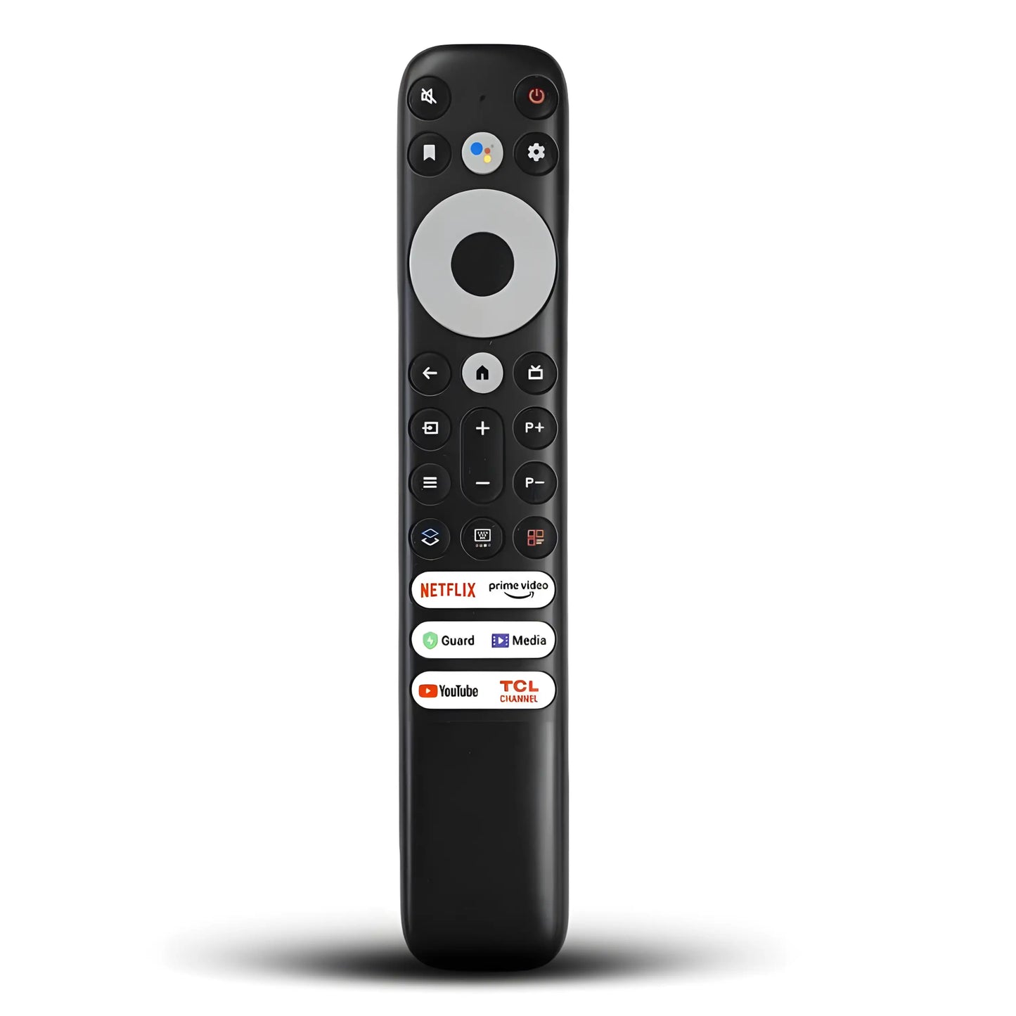 Ersatz Fernbedienung RC902V für TCL Smart TV. Klare Frontalansicht der Tasten inklusive Google Assistant-Taste und App-Tasten.