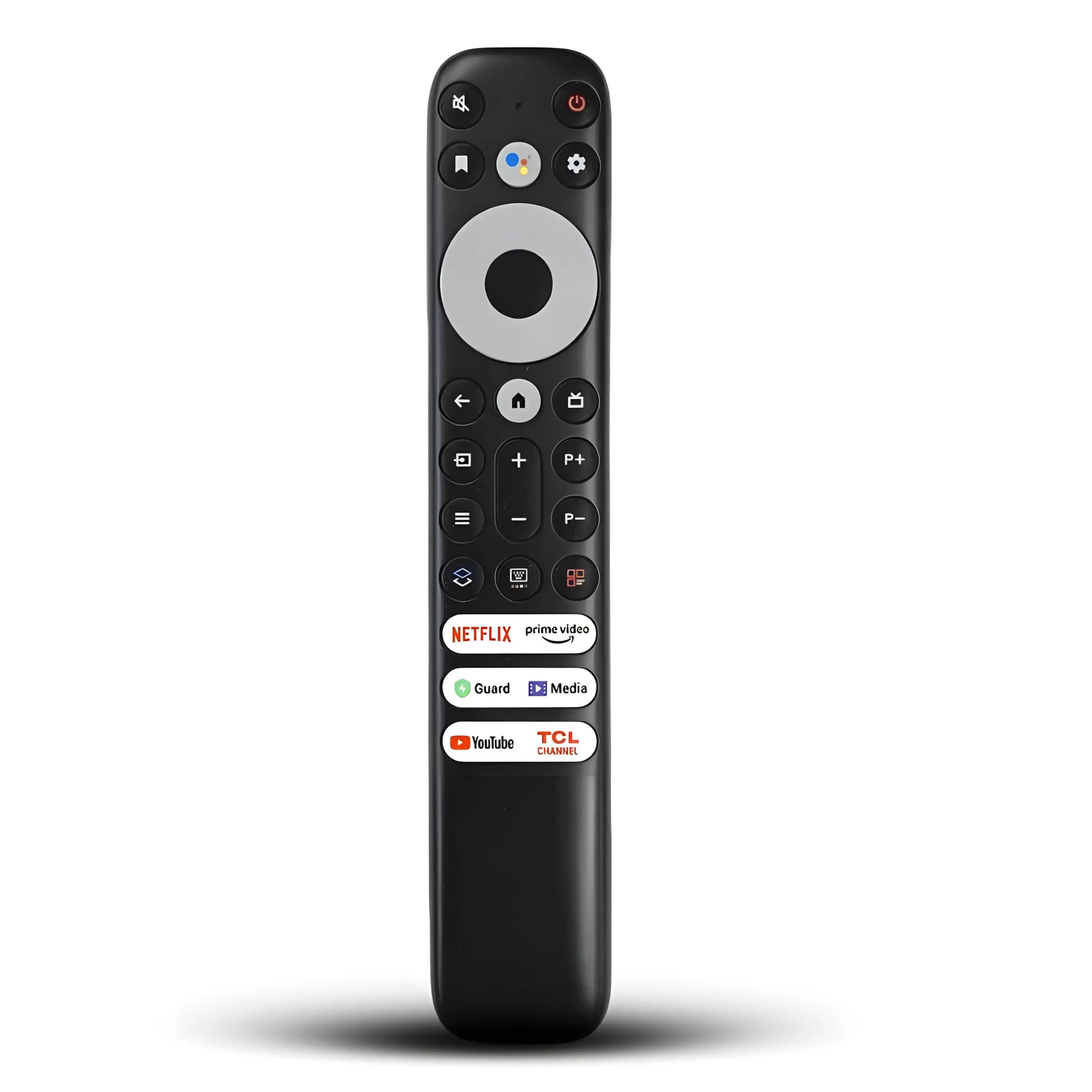 Ersatz Fernbedienung RC902V für TCL Smart TV. Klare Frontalansicht der Tasten inklusive Google Assistant-Taste und App-Tasten.