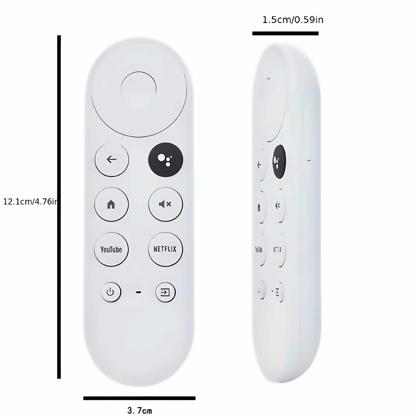 Maße der G9N9N Ersatzfernbedienung für Google Chromecast 4K HD – kompakte Größe mit 12.1 cm Länge, 3.7 cm Breite und 1.5 cm Dicke