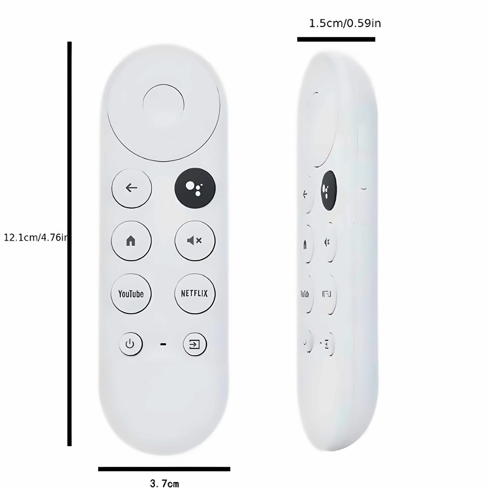 Maße der G9N9N Ersatzfernbedienung für Google Chromecast 4K HD – kompakte Größe mit 12.1 cm Länge, 3.7 cm Breite und 1.5 cm Dicke