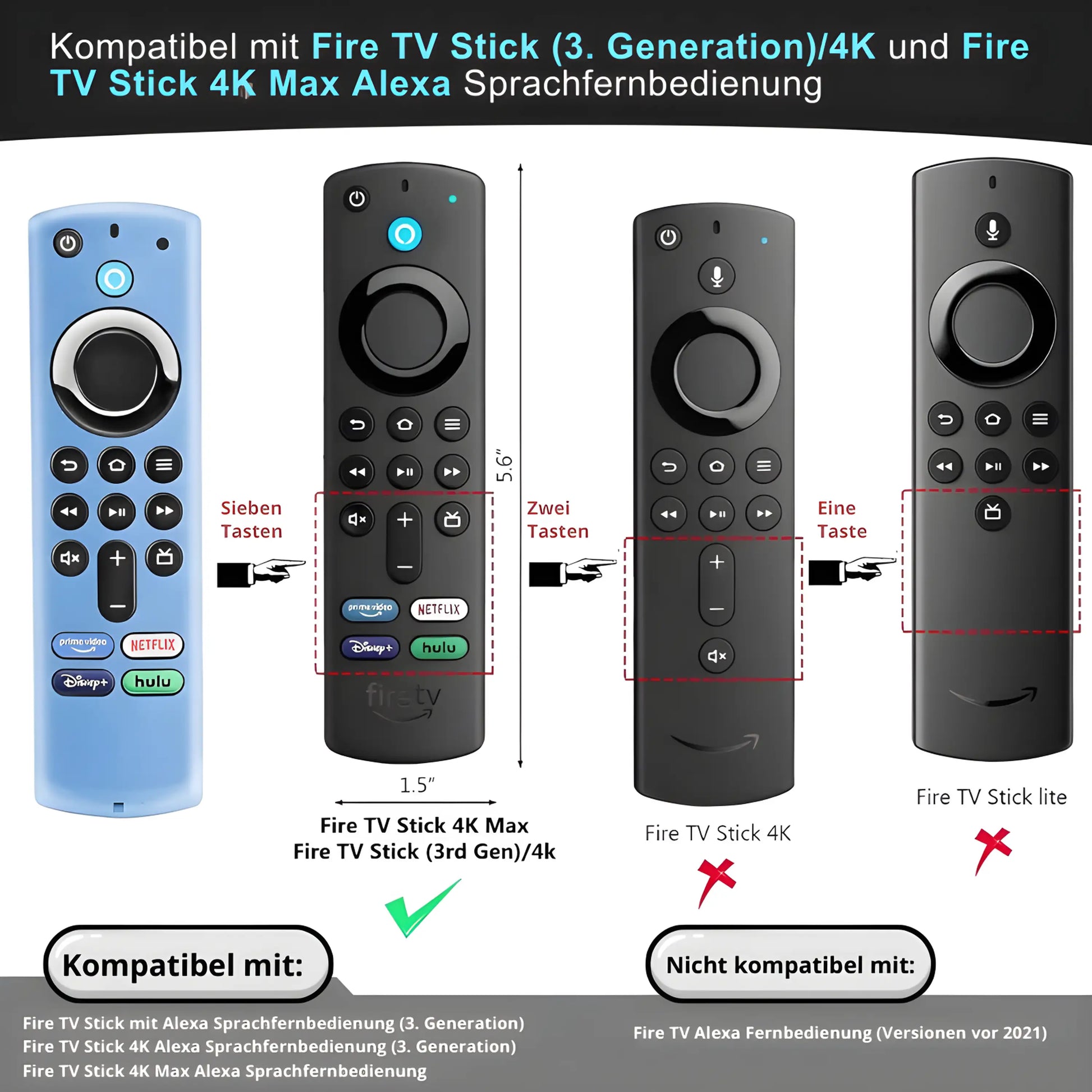 Kompatibilitäts-Infografik für Amazon Fire TV Fernbedienungen. Die Grafik zeigt, dass die Hülle perfekt für den Fire TV Stick 4K Max und die 3. Generation (mit 4 App-Tasten) geeignet ist, jedoch nicht für den Fire TV Stick Lite oder ältere Versionen vor 2021.