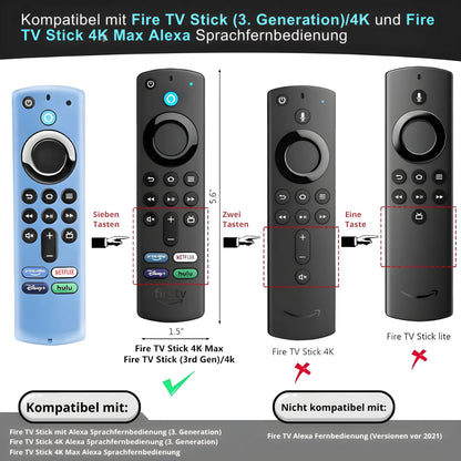 Kompatibilitäts-Infografik für Amazon Fire TV Fernbedienungen. Die Grafik zeigt, dass die Hülle perfekt für den Fire TV Stick 4K Max und die 3. Generation (mit 4 App-Tasten) geeignet ist, jedoch nicht für den Fire TV Stick Lite oder ältere Versionen vor 2021.