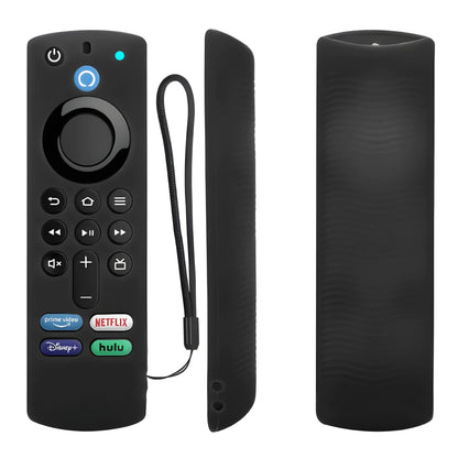 Schwarze Silikon-Schutzhülle für die Amazon Fire TV Fernbedienung (Stick 4K Max & 3. Gen). Das Set zeigt die Vorderseite, das Seitenprofil und die wellenförmige Anti-Rutsch-Rückseite inklusive einer Handschlaufe.