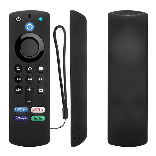 Schwarze Silikon-Schutzhülle für die Amazon Fire TV Fernbedienung (Stick 4K Max & 3. Gen). Das Set zeigt die Vorderseite, das Seitenprofil und die wellenförmige Anti-Rutsch-Rückseite inklusive einer Handschlaufe.