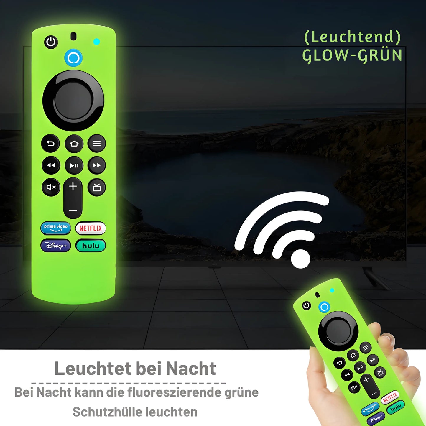 Fluoreszierende grüne Schutzhülle für die Amazon Fire TV Fernbedienung, die bei Nacht im Dunkeln leuchtet. Das Bild zeigt die leuchtende Hülle in der Anwendung vor einem Fernseher.