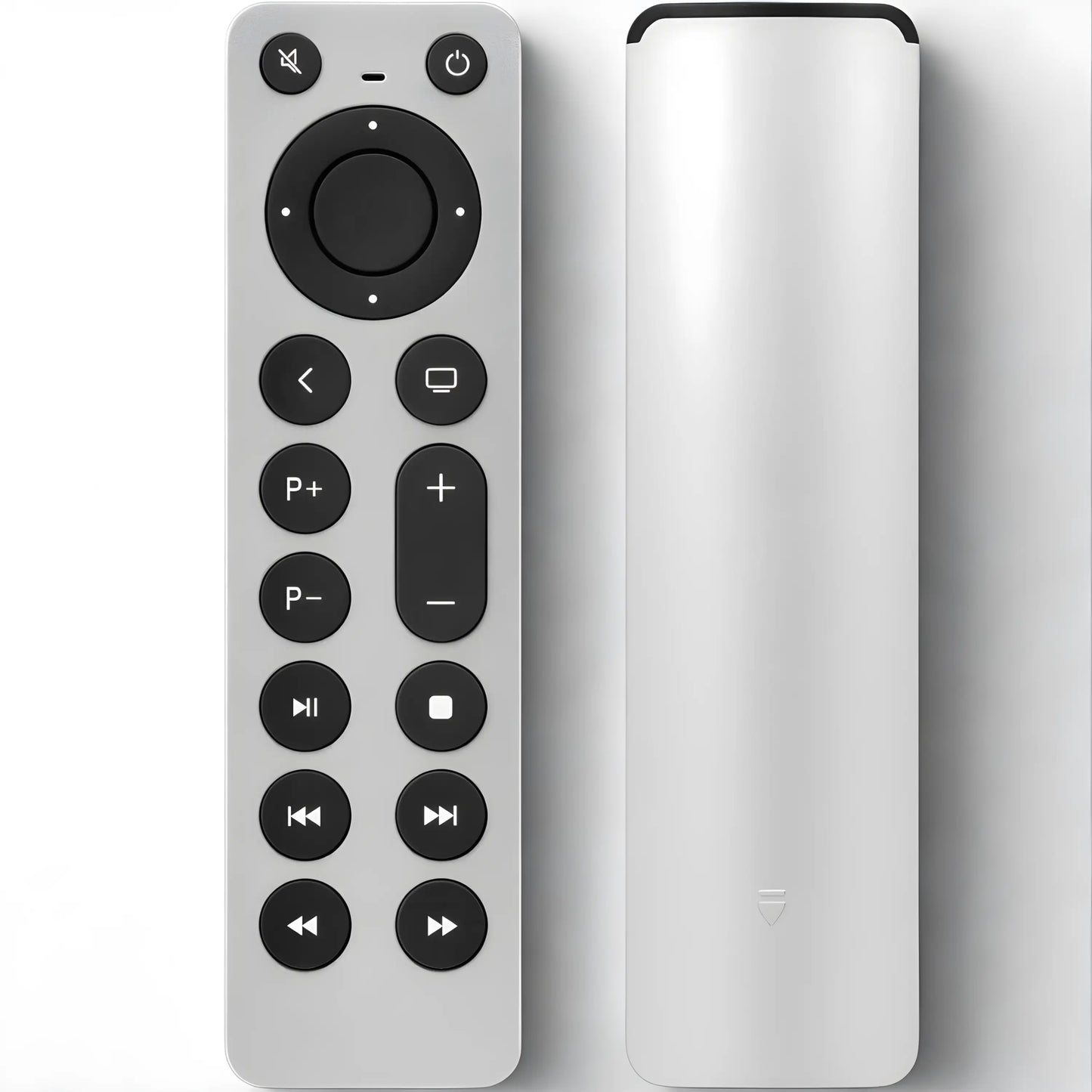 Apple TV 4K und HD Fernbedienung – Vorder- und Rückansicht der Universal-Ersatzfernbedienung für alle Apple TV Generationen – elegantes Design aus Aluminium mit schwarzen Funktionstasten