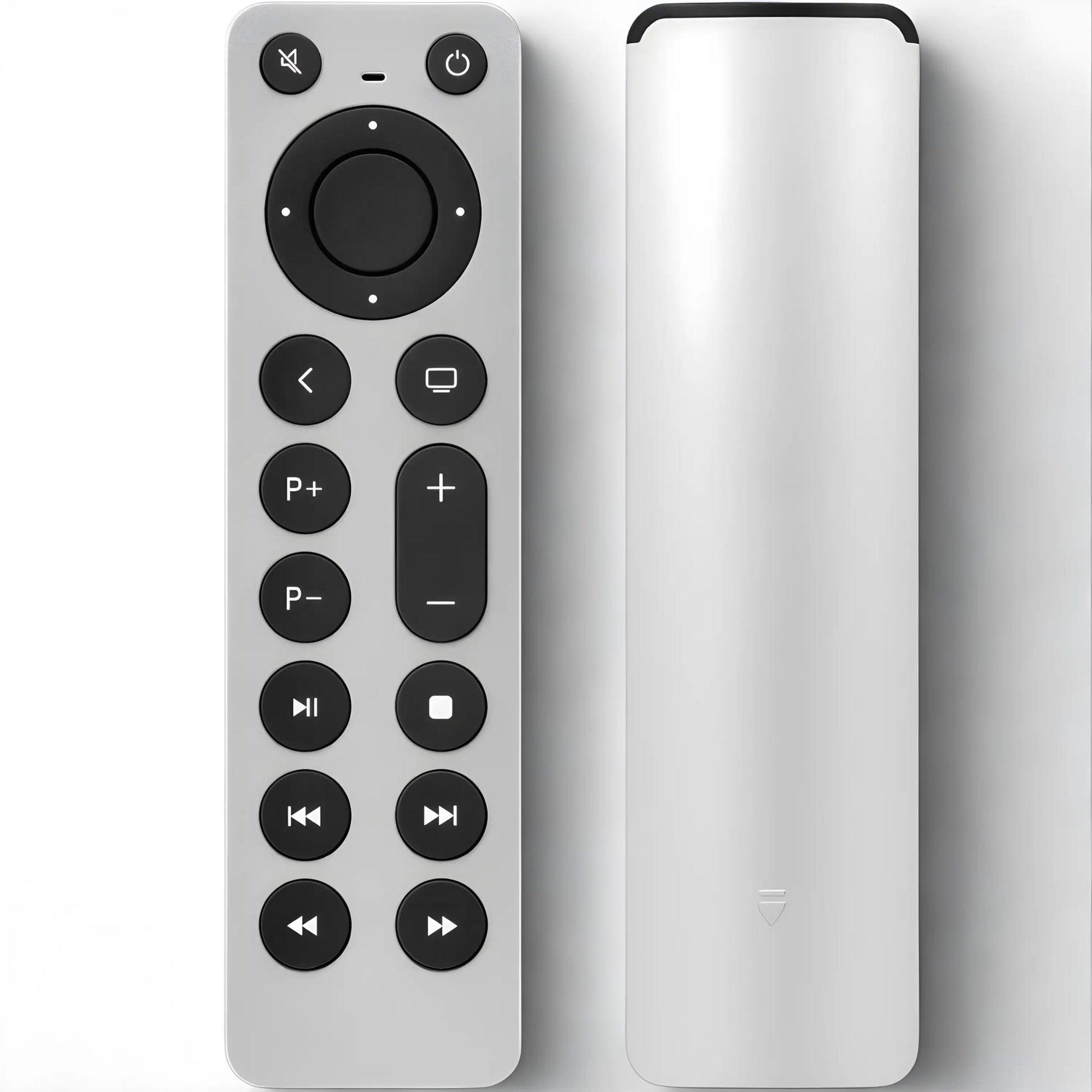 Apple TV 4K und HD Fernbedienung – Vorder- und Rückansicht der Universal-Ersatzfernbedienung für alle Apple TV Generationen – elegantes Design aus Aluminium mit schwarzen Funktionstasten