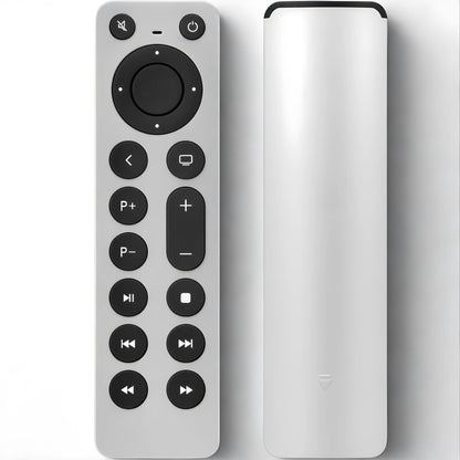 Apple TV 4K und HD Fernbedienung – Vorder- und Rückansicht der Universal-Ersatzfernbedienung für alle Apple TV Generationen – elegantes Design aus Aluminium mit schwarzen Funktionstasten