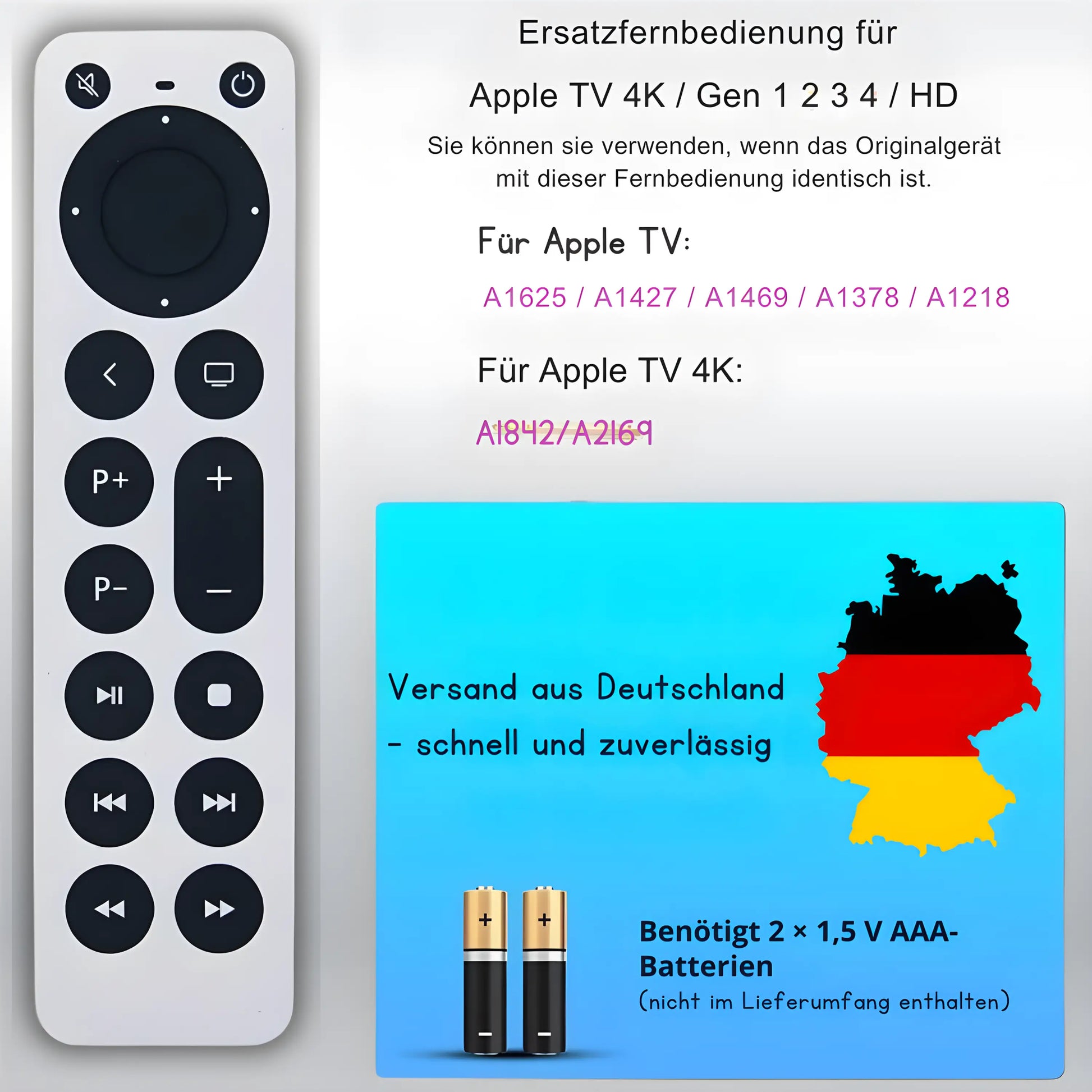 Apple TV Ersatzfernbedienung kompatibel mit 4K, HD, Generation 1–4 – Modelle A1625, A1427, A1469, A1378, A1218, A1842, A2169 – Versand aus Deutschland, benötigt 2× AAA-Batterien (nicht enthalten)
