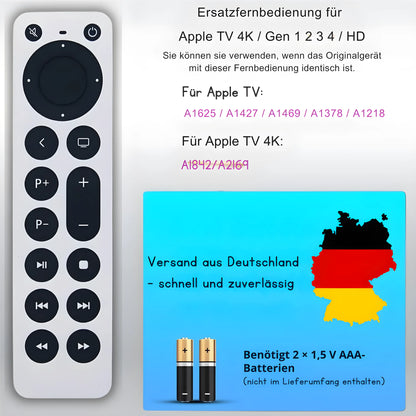 Apple TV Ersatzfernbedienung kompatibel mit 4K, HD, Generation 1–4 – Modelle A1625, A1427, A1469, A1378, A1218, A1842, A2169 – Versand aus Deutschland, benötigt 2× AAA-Batterien (nicht enthalten)