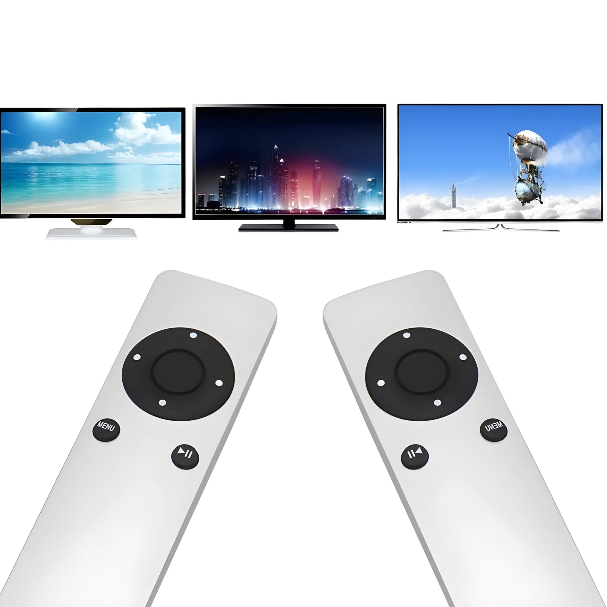 Zwei Apple TV Ersatzfernbedienungen aus Aluminium, gezeigt mit verschiedenen Fernsehern – kompatibel mit Apple TV1, TV2, TV3 und mehreren TV-Modellen