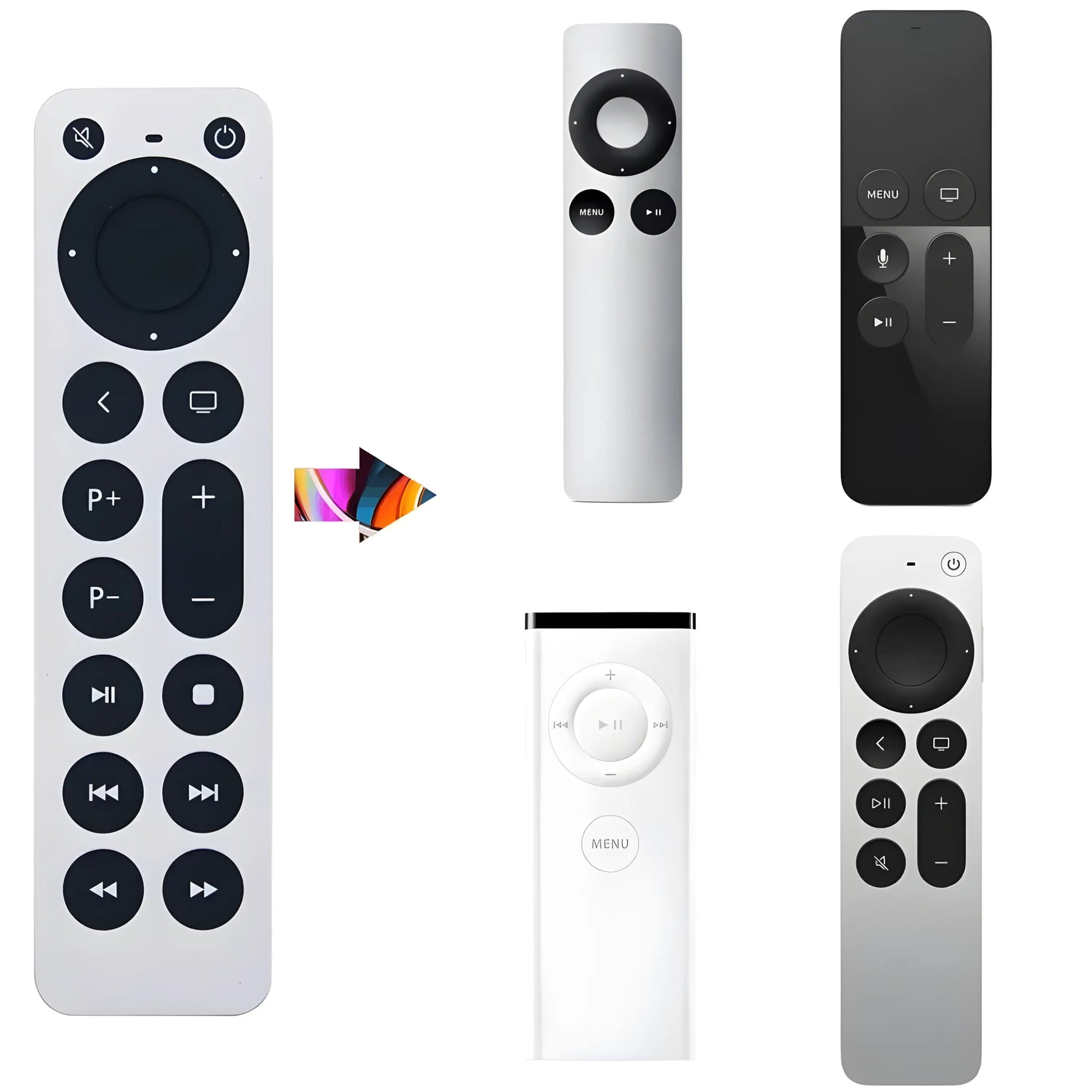 Vergleichsbild der Apple TV Universal Fernbedienung mit älteren Originalmodellen – kompatibel mit allen Generationen von Apple TV, inklusive 4K, HD und klassischen Modellen – modernes Design mit erweiterten Funktionen