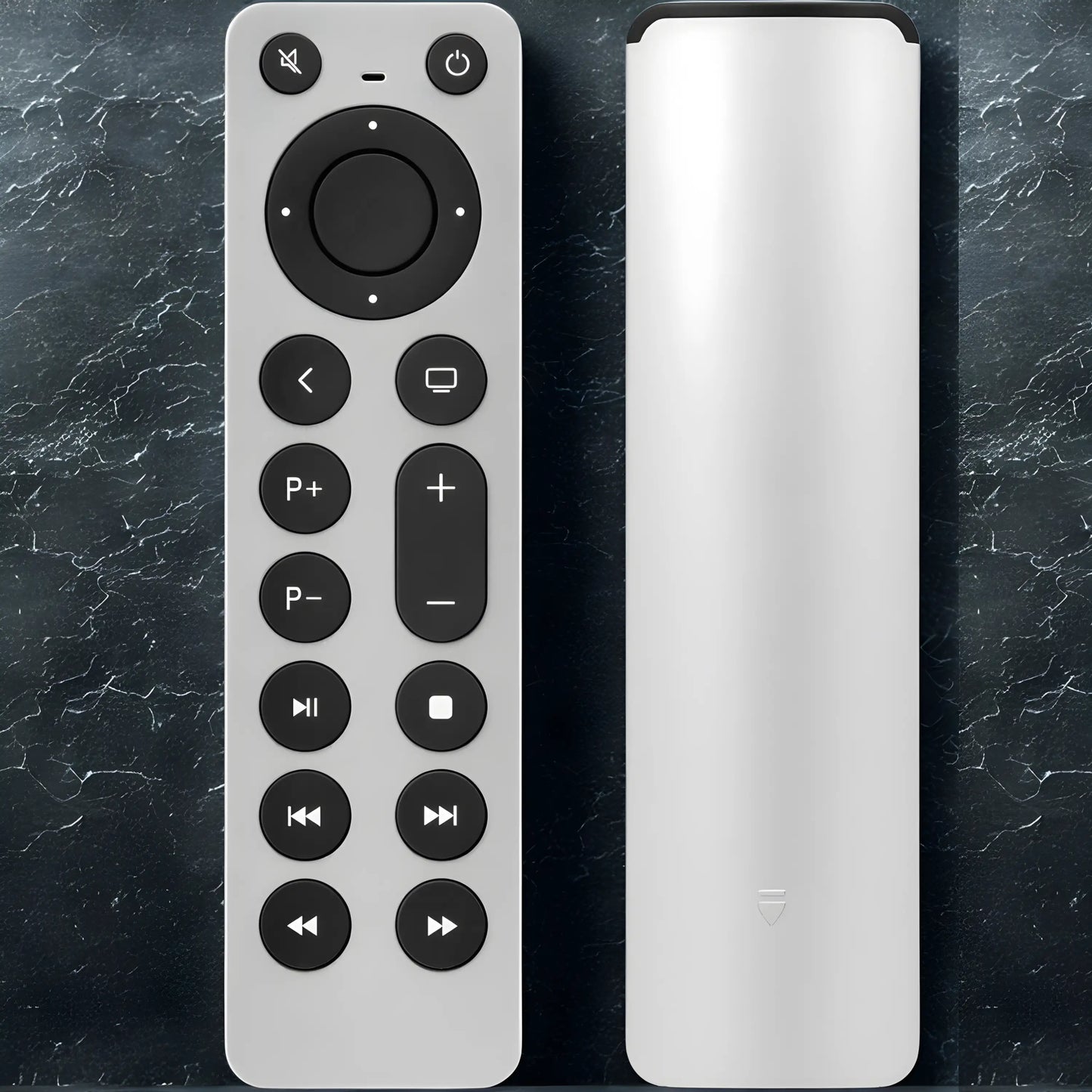 Vorder- und Rückansicht der Apple TV Universalfernbedienung – hochwertiges Aluminiumgehäuse, kompatibel mit Apple TV 4K, HD und allen Generationen – modernes Design für präzise Steuerung