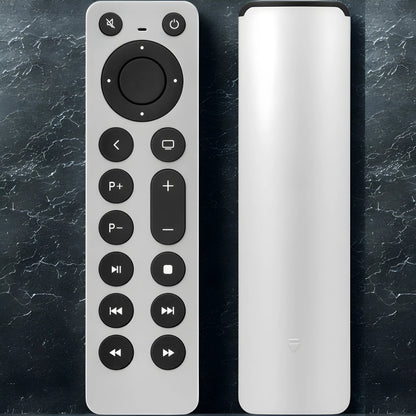 Vorder- und Rückansicht der Apple TV Universalfernbedienung – hochwertiges Aluminiumgehäuse, kompatibel mit Apple TV 4K, HD und allen Generationen – modernes Design für präzise Steuerung