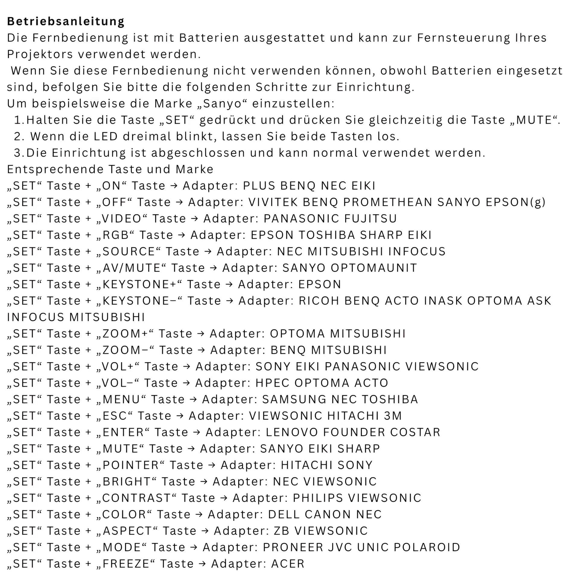 Bedienungsanleitung der Universal Beamer Ersatzfernbedienung mit kompatiblen Marken wie Samsung, Epson, Sony, BenQ, NEC, Panasonic, Acer und Philips