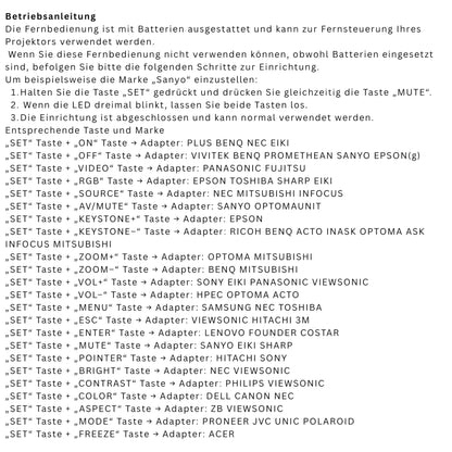Bedienungsanleitung der Universal Beamer Ersatzfernbedienung mit kompatiblen Marken wie Samsung, Epson, Sony, BenQ, NEC, Panasonic, Acer und Philips