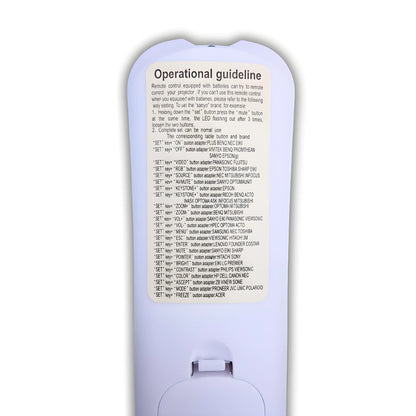 Rückseite der Universal Beamer Ersatzfernbedienung mit Bedienungsanleitung, kompatibel mit Samsung, Epson, Sony, BenQ, NEC, Panasonic und weiteren Projektoren