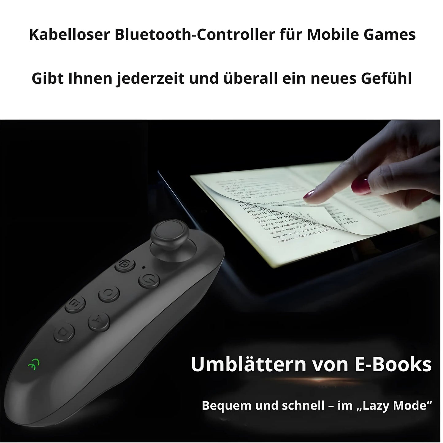 Kabelloser Bluetooth-Controller für Mobile Games und E-Books – vielseitiger VR Gamepad mit Joystick für Smartphone, Tablet und PC, ideal zum Spielen oder Seitenblättern