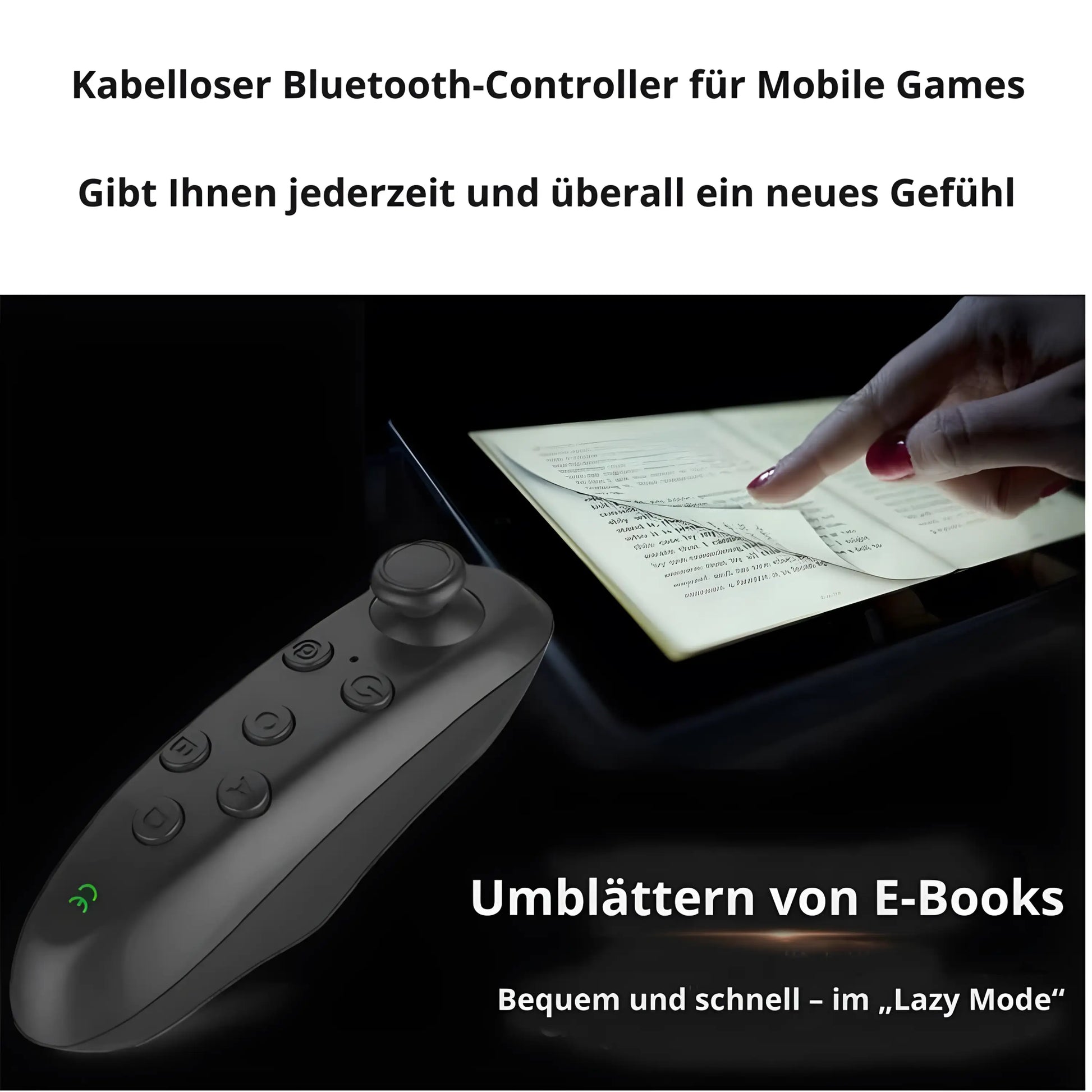 Kabelloser Bluetooth-Controller für Mobile Games und E-Books – vielseitiger VR Gamepad mit Joystick für Smartphone, Tablet und PC, ideal zum Spielen oder Seitenblättern