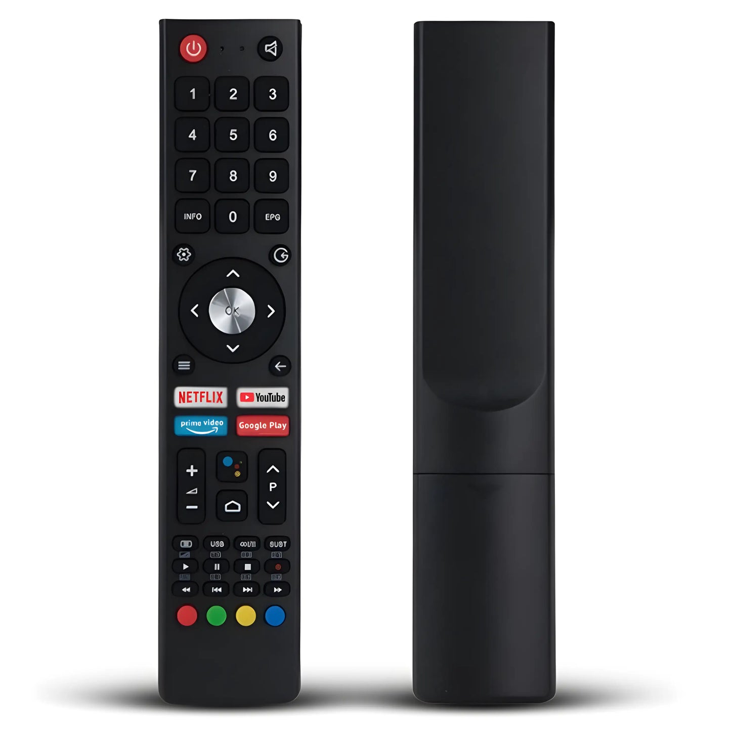 CHIQ Ersatz Fernbedienung GCBLTV02ADBBT Vorderansicht und Rückseite. Universal Smart TV Modell.