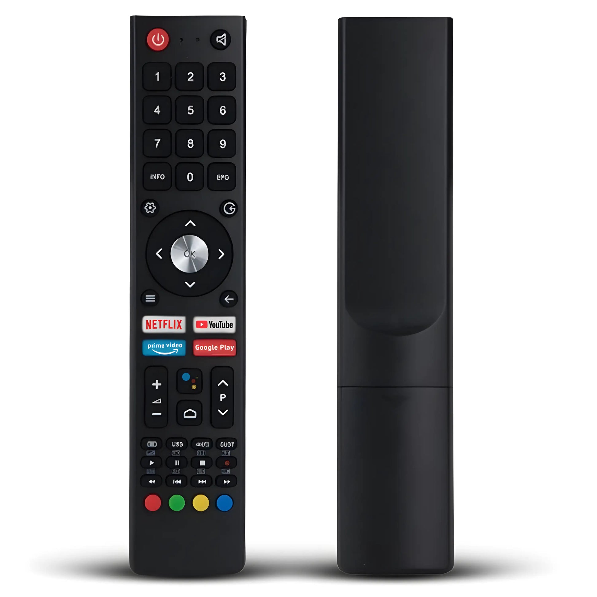 CHIQ Ersatz Fernbedienung GCBLTV02ADBBT Vorderansicht und Rückseite. Universal Smart TV Modell.