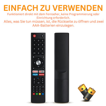 CHIQ Ersatz Fernbedienung GCBLTV02ADBBT Vorder- und Seitenansicht, sofort einsatzbereit ohne Programmierung. Benötigt zwei AAA Batterien.