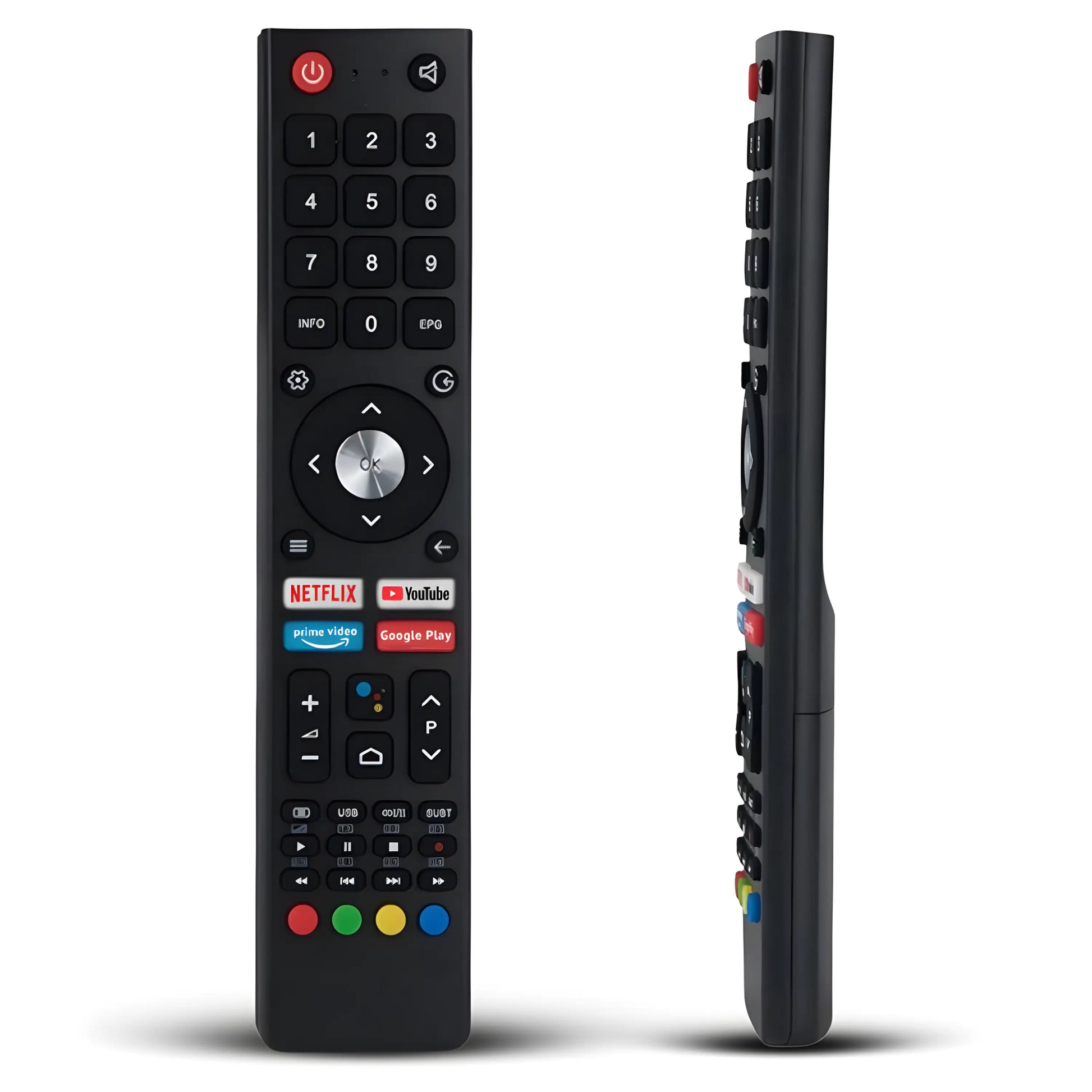 CHIQ Ersatz Fernbedienung GCBLTV02ADBBT im Detail. Vorder- und Seitenansicht mit Netflix Tasten.