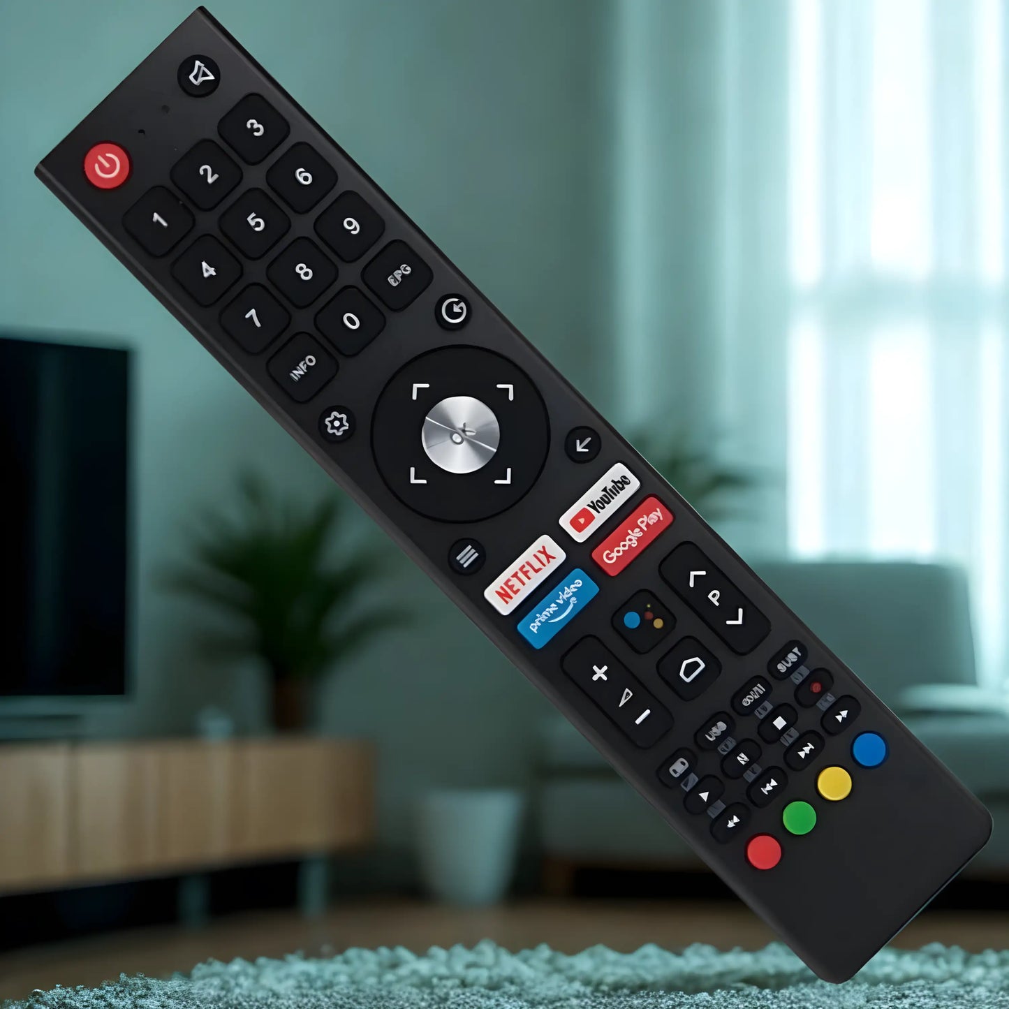 CHIQ Ersatz Fernbedienung GCBLTV02ADBBT im Wohnzimmer Kontext, mit Schnelltasten für Streaming Dienste.