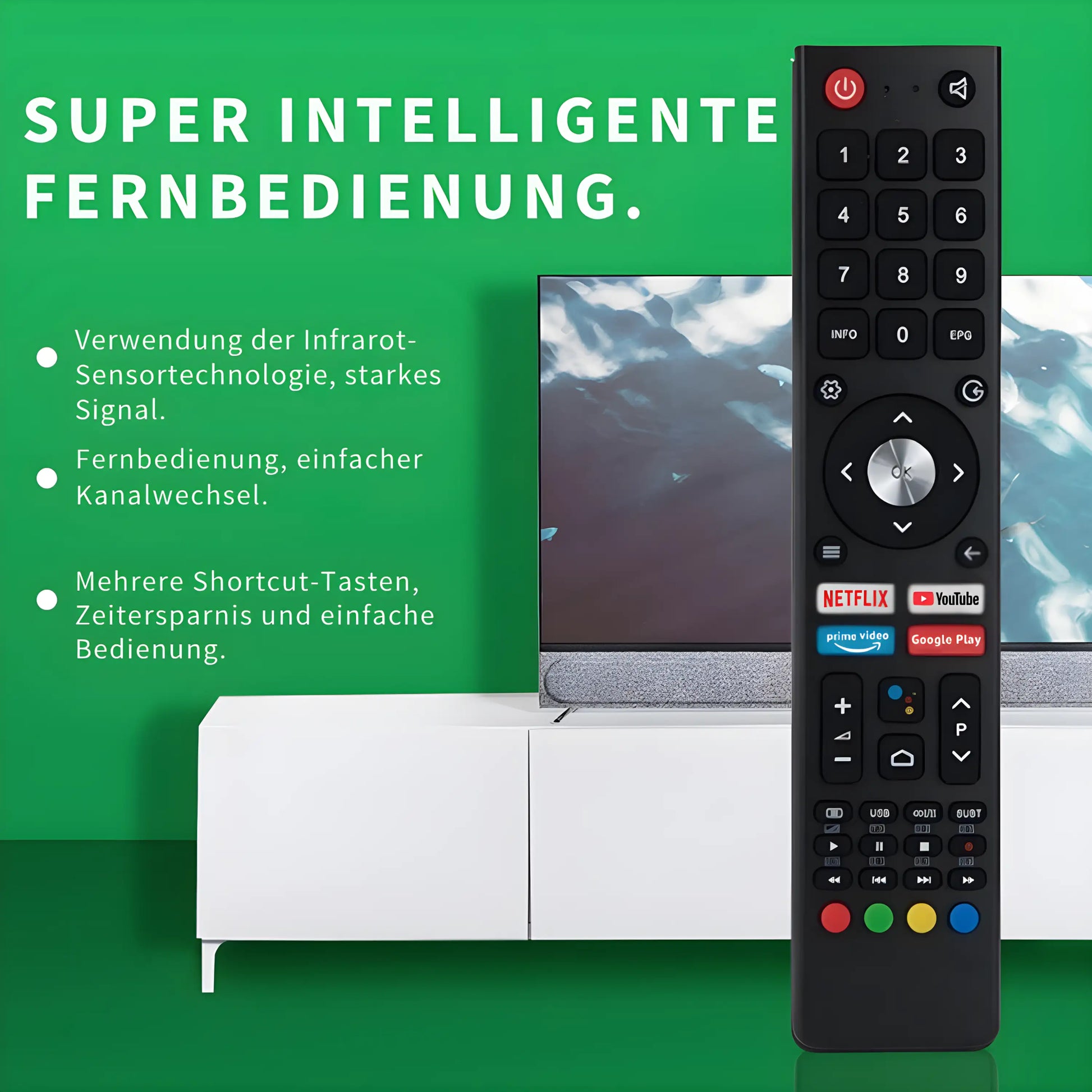 Universal Ersatz Fernbedienung für CHIQ Smart TVs GCBLTV02ADBBT mit Infrarot und Shortcut Tasten.
