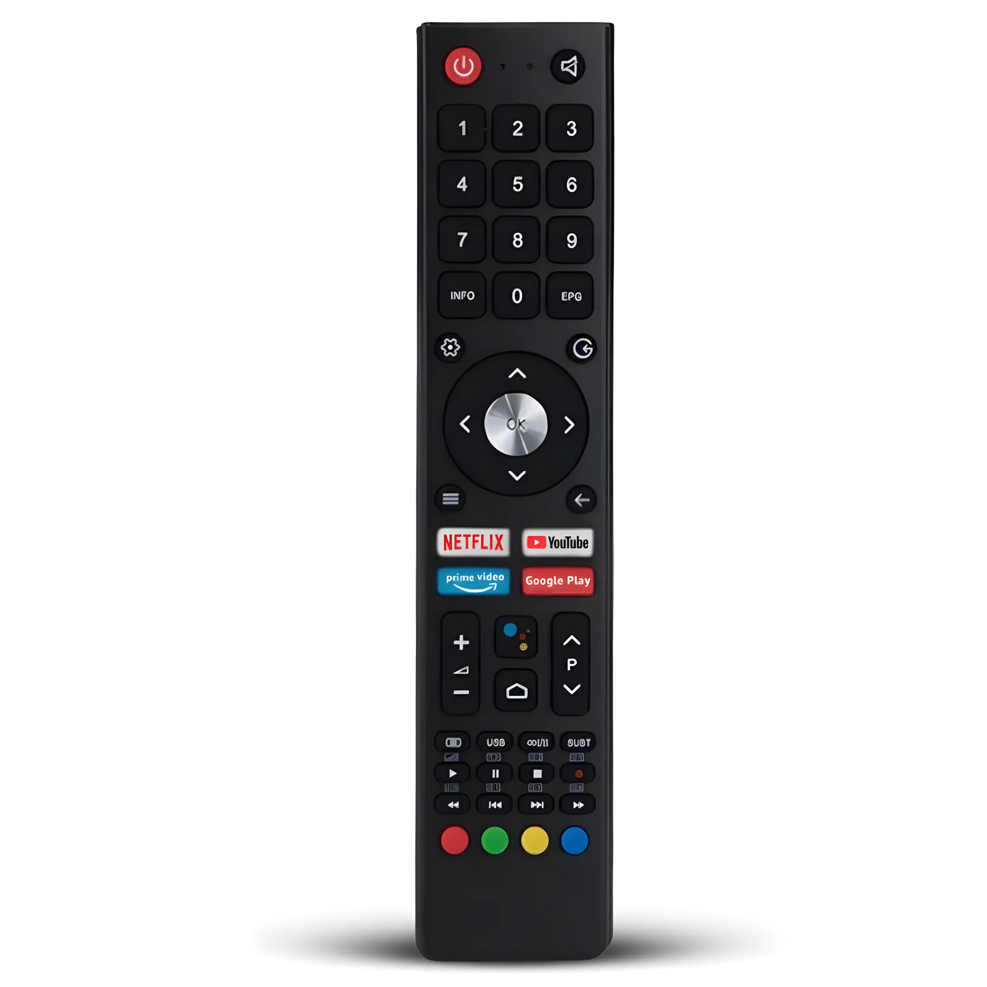 Detaillierte Vorderansicht der CHIQ Ersatz Fernbedienung GCBLTV02ADBBT mit Netflix und YouTube Tasten.
